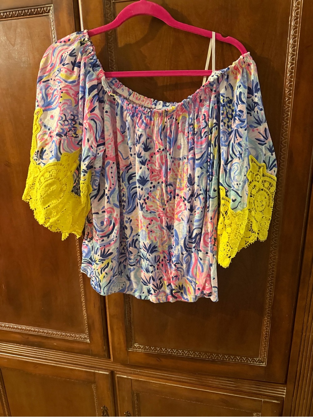 Lilly Pulitzer Off-Shoulder Floral Print Top with Yellow Lace Sleeves